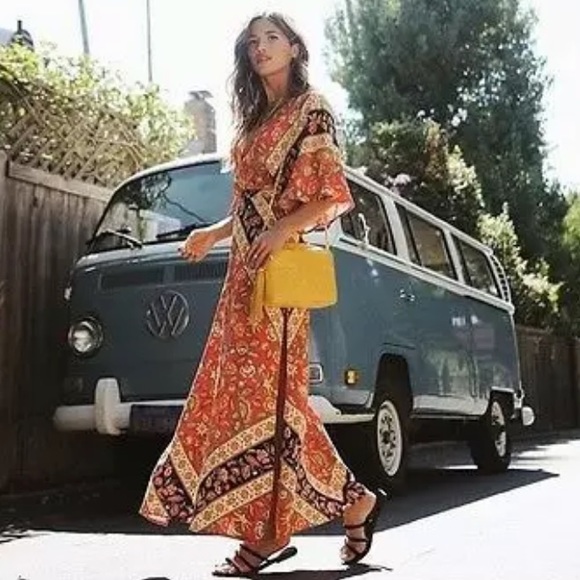 SOLD OUT Red Bohemian Floral Open Back Kimono Maxi Dress - Picture 3 of 5